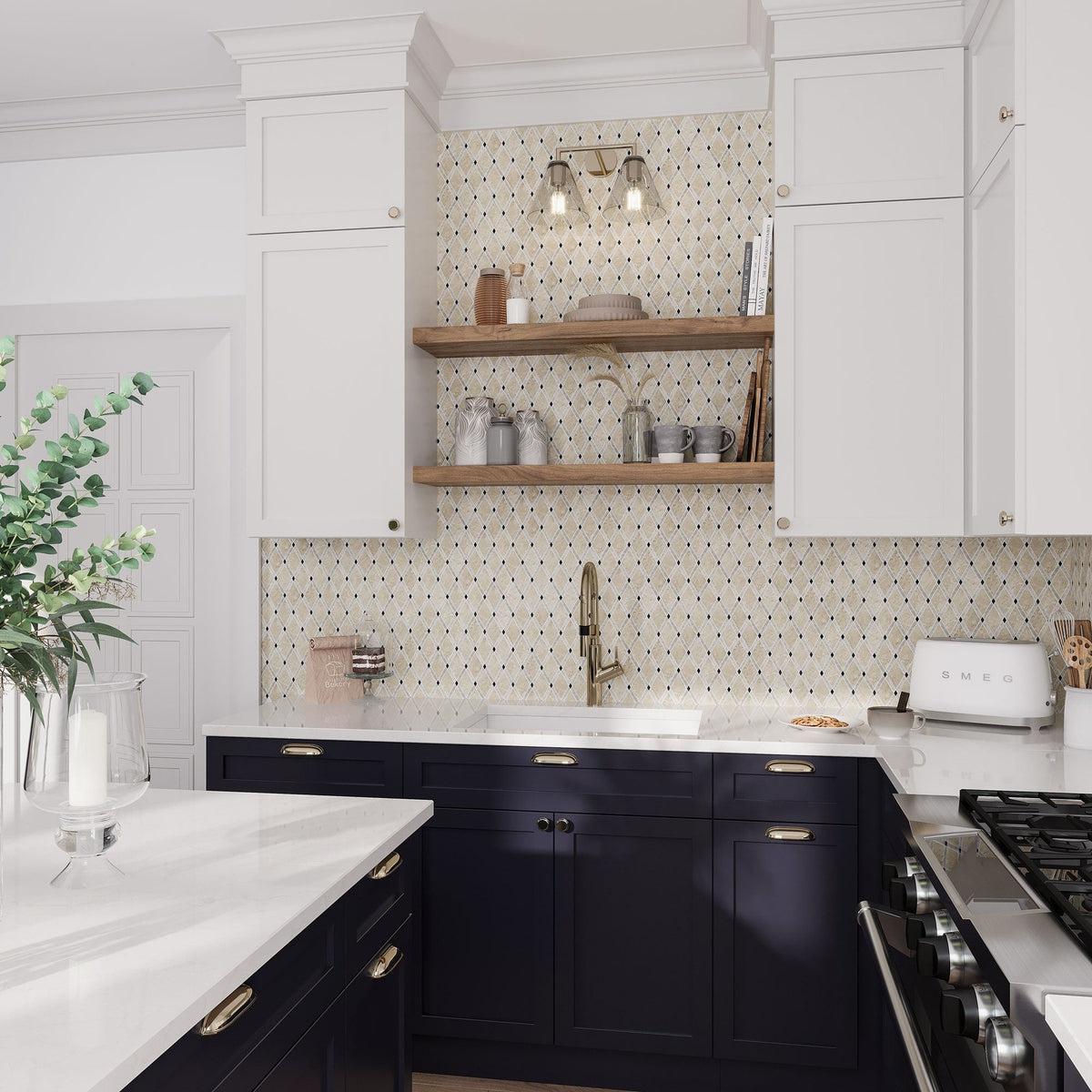 Marble tile kitchen backsplash with dark cabinets and wooden shelves