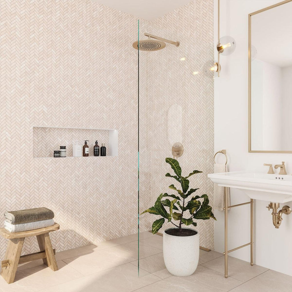 Crema Marfil Herringbone 1X3 Polished Marble Mosaic Tile Shower Backsplash