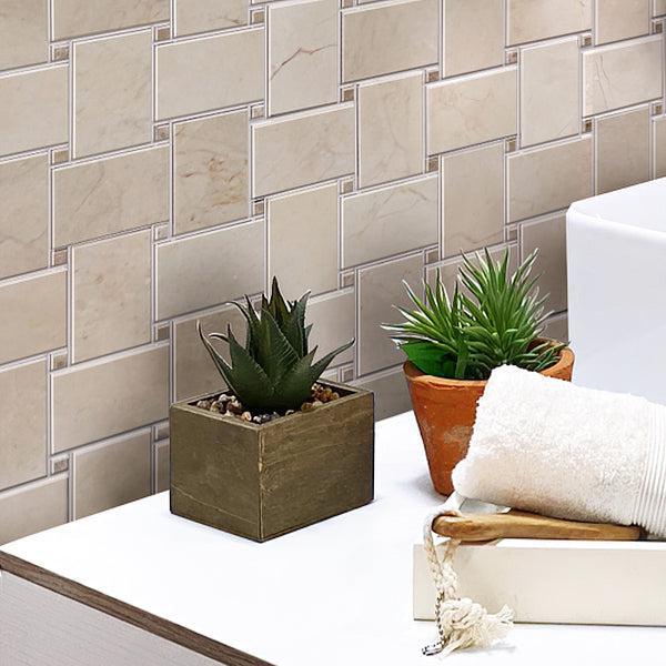 Washroom Wall with Crema Marfil Basket Weave Marble Mosaic