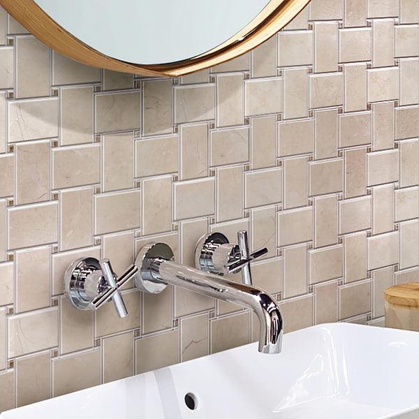 Bathroom Sink Against Crema Marfil 2 Inch Hexagonal Sanded Backs Marble Mosaic Tiles