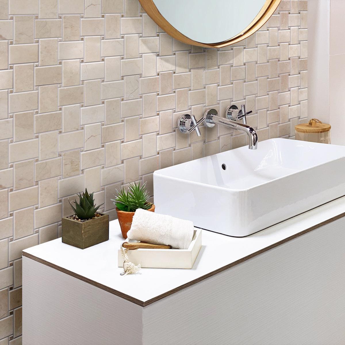 Crema Marfil Basket Weave Marble Mosaic Tile Bathroom Backsplash