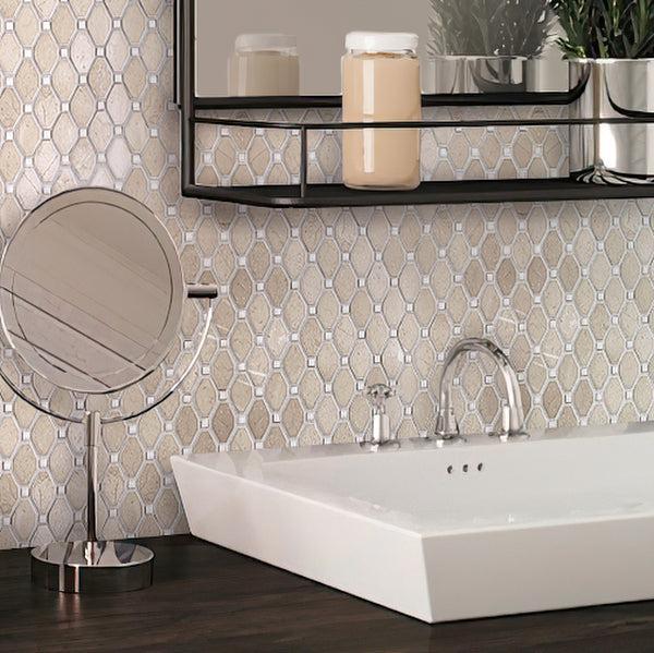 Crema Marfil Octagon With White Dots Marble Mosaic Tile Bathroom Backsplash with White Sink