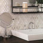 Crema Marfil Octagon With White Dots Marble Mosaic Tile Bathroom Backsplash with White Sink