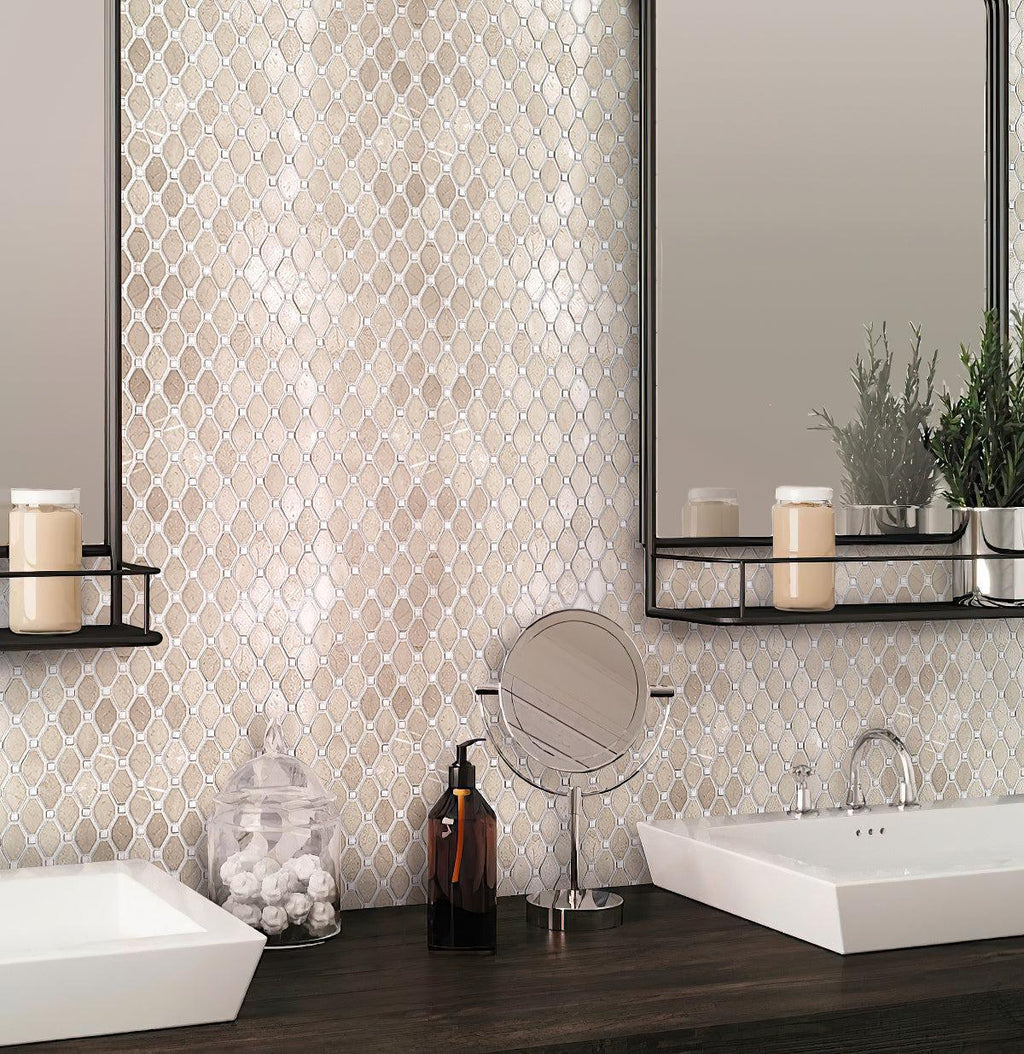 Crema Marfil Octagon With White DotsMarble Mosaic Tile Bathroom Backsplash