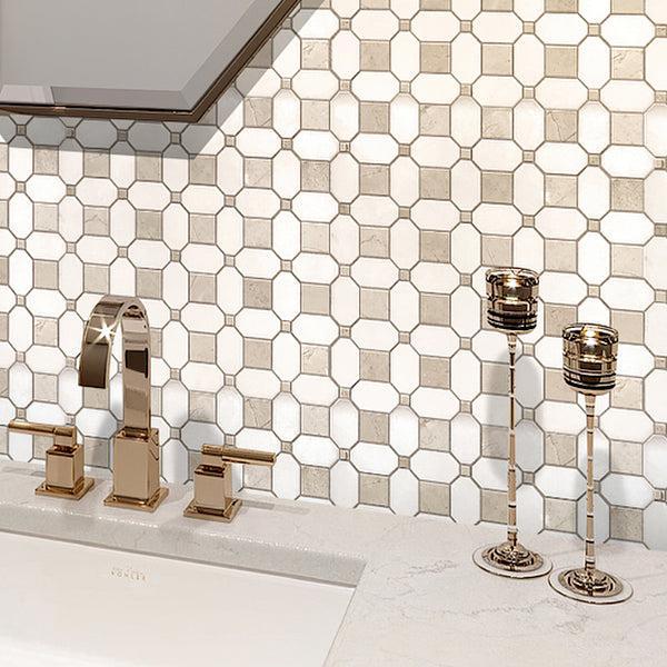 Crema Marfil Square And Thassos Octagon Marble Mosaic Tile Wall with Golden Sink & Сandlesticks