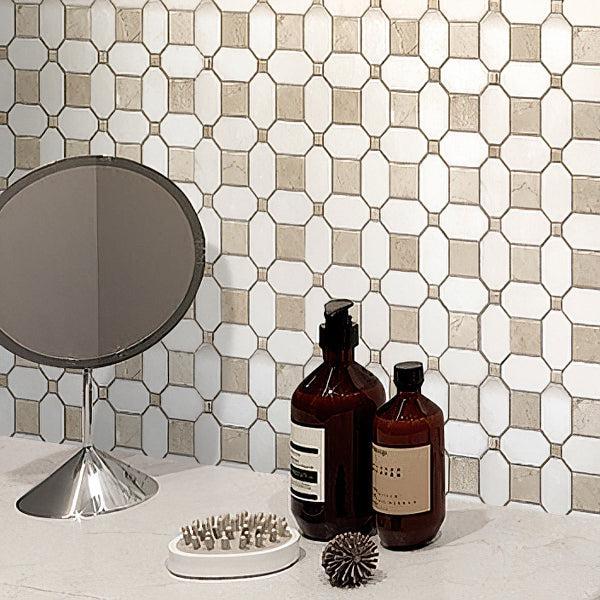 Dressing Table on Crema Marfil Square And Thassos Octagon Marble Mosaic Tile Wall