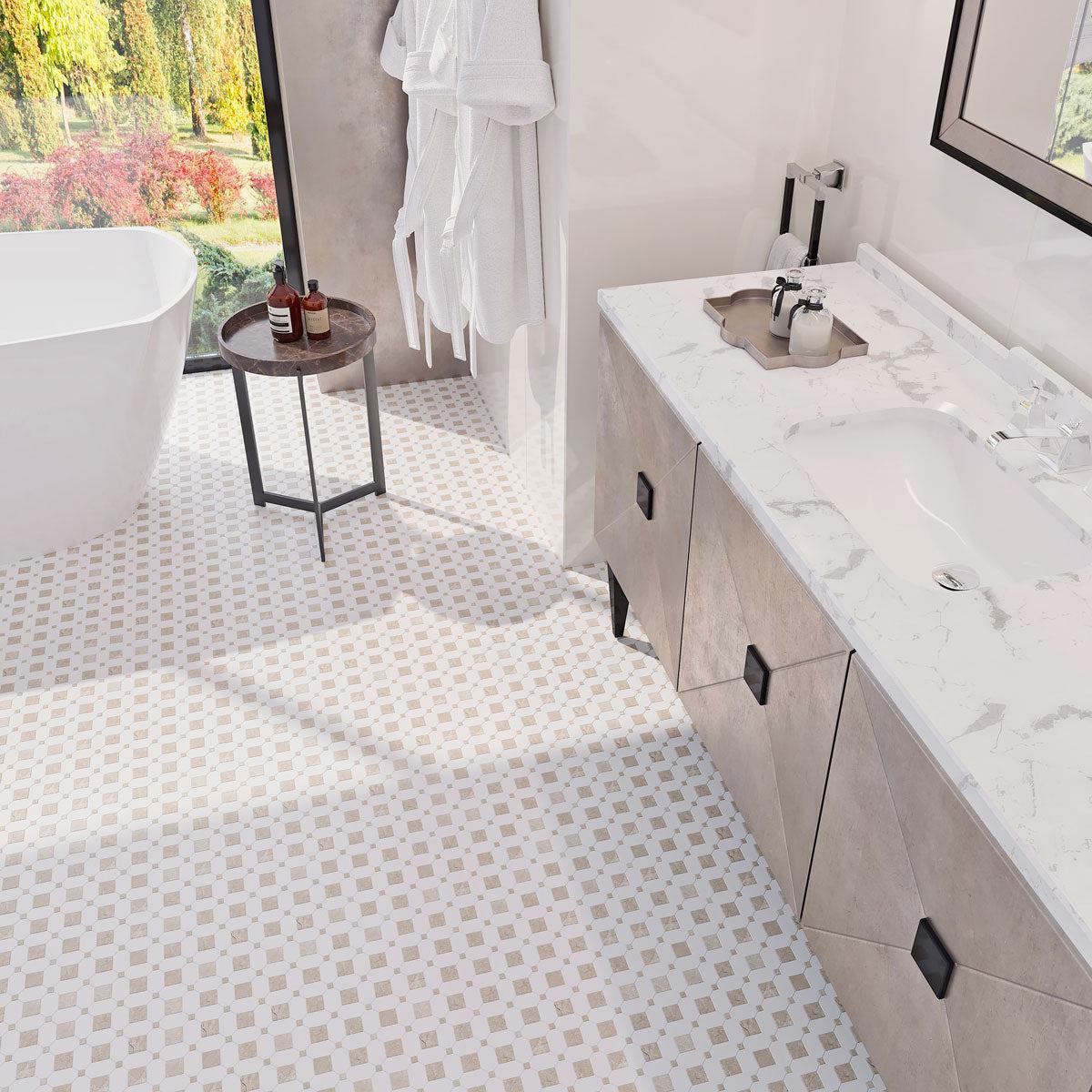 White and Beige Marble Mosaic Floor Bathroom Floor