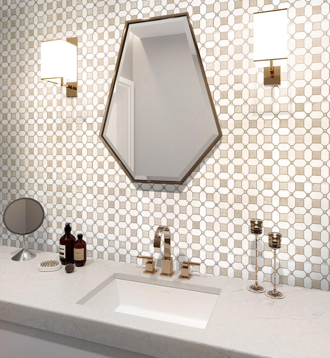 Crema Marfil Square And Thassos Octagon Marble Mosaic Tile Bathroom Backsplash