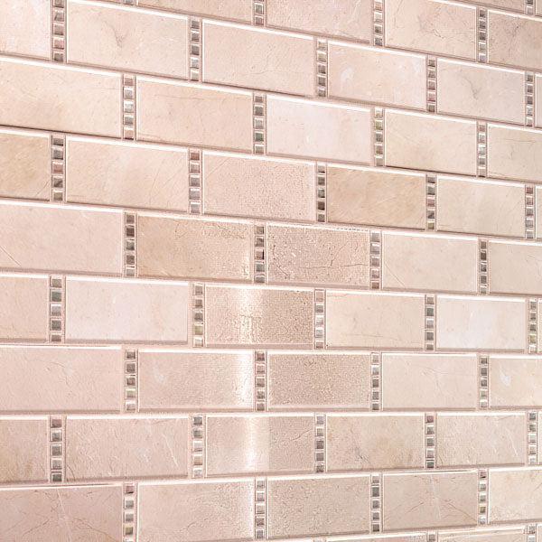 Crema Marfil Subway With Dot Marble Mosaic Wall Close-up