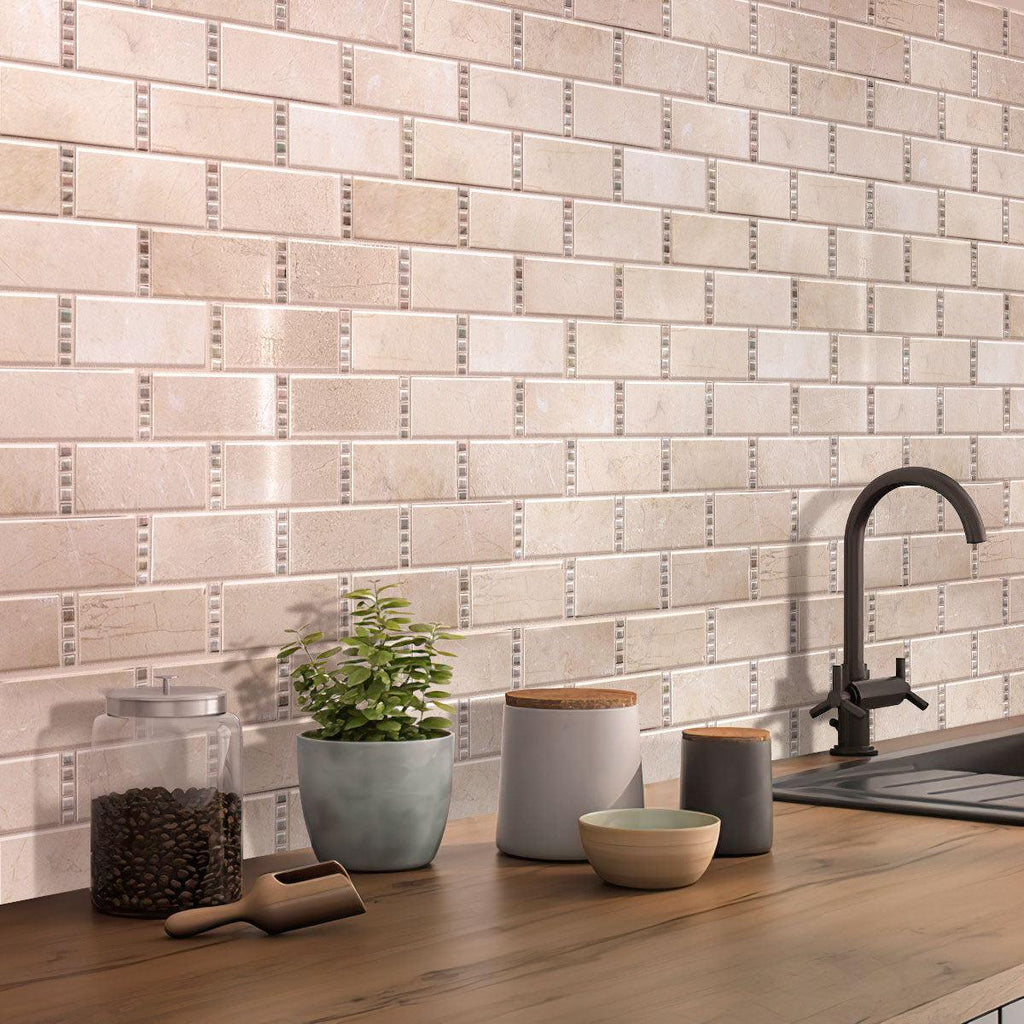 Crema Marfil Subway With Dot Marble Mosaic Tile Kitchen Backsplash