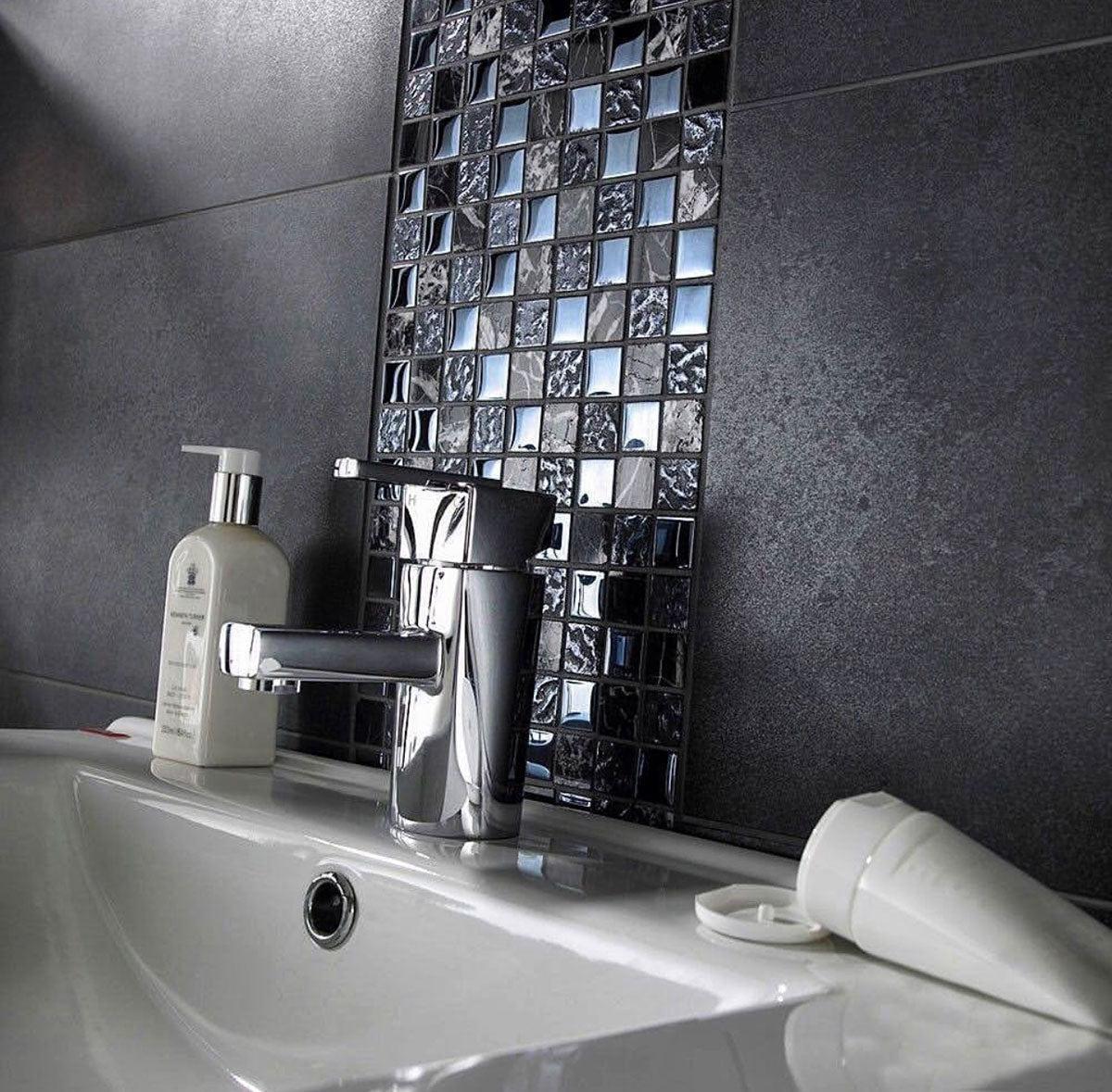 Silver Glass Mosaic Tile Bathroom with Ionic Steel Backsplash