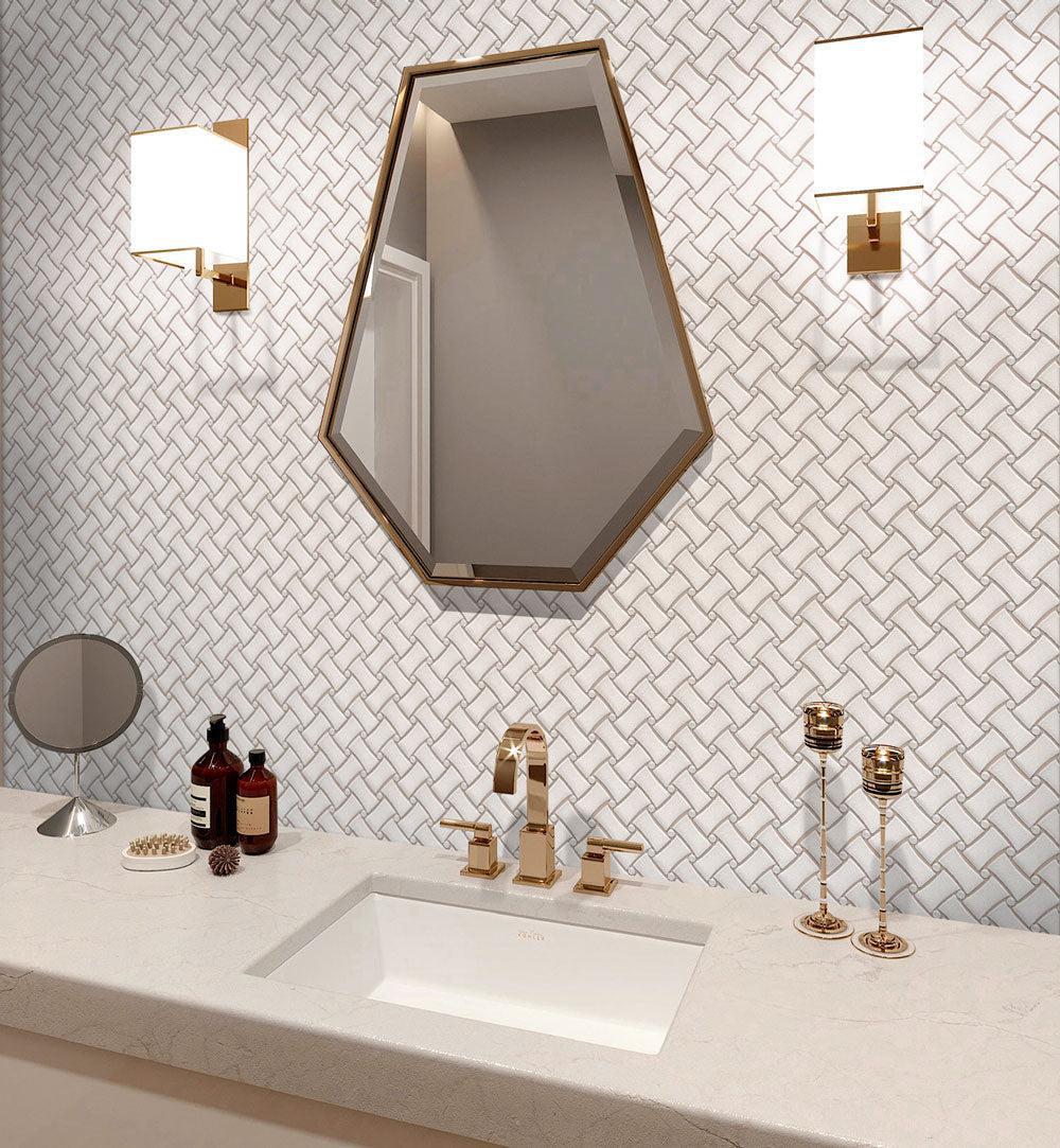Brass and White Bathroom with a Curved Basket Weave Marble Tile Backsplash
