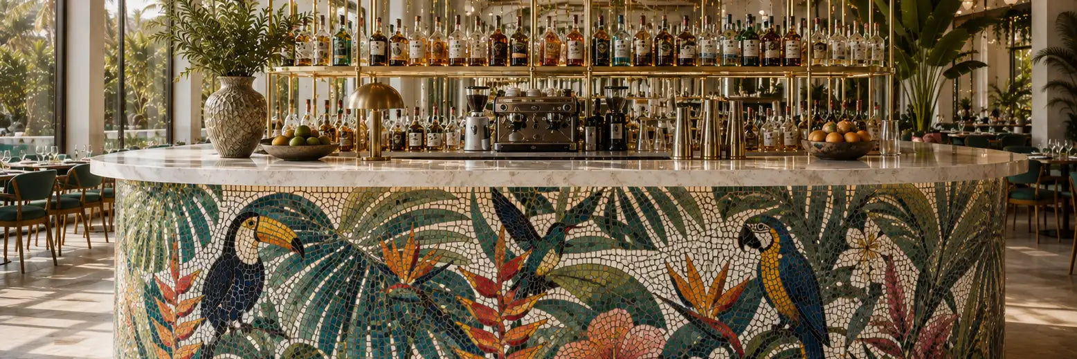 A tropical-themed tile mosaic bar counter featuring a detailed mosaic of toucans, parrots, and palm leaves, set in a well-lit modern bar with shelves of bottles in the background.