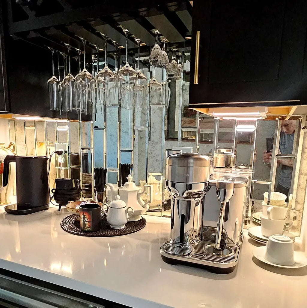 Coffee Bar Installation with Antique Glass Subway Tiles