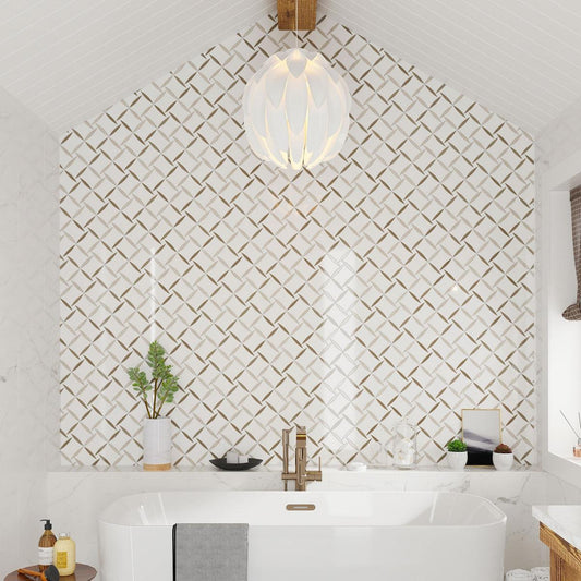 Modern bathroom with marble tile accent wall