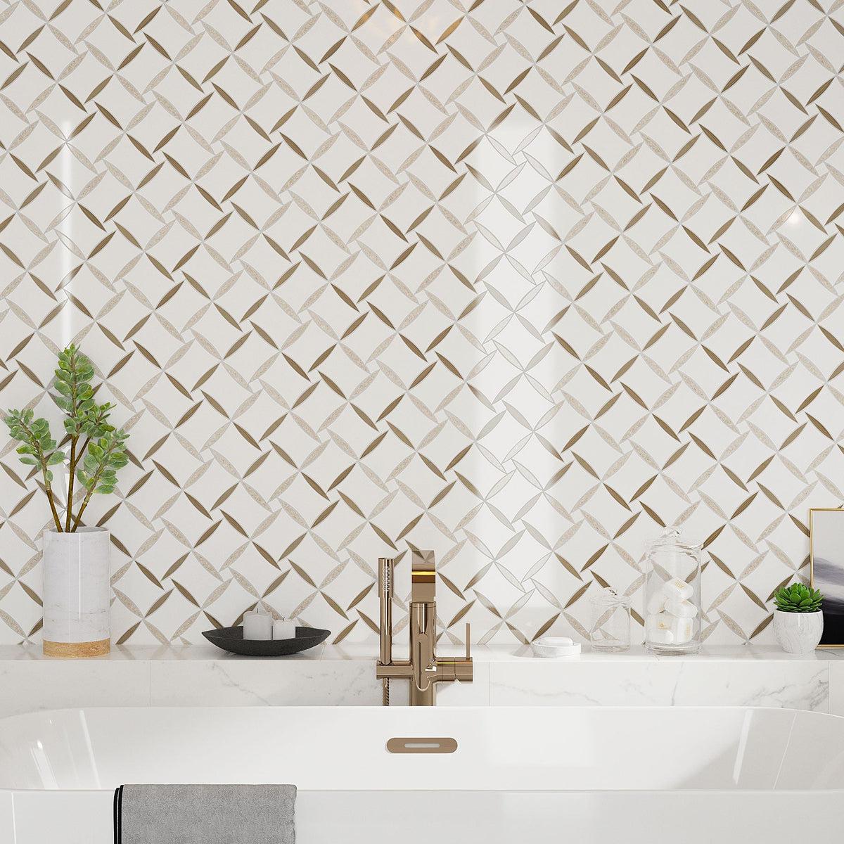 Glamorous white marble bathroom wall with soaking tub