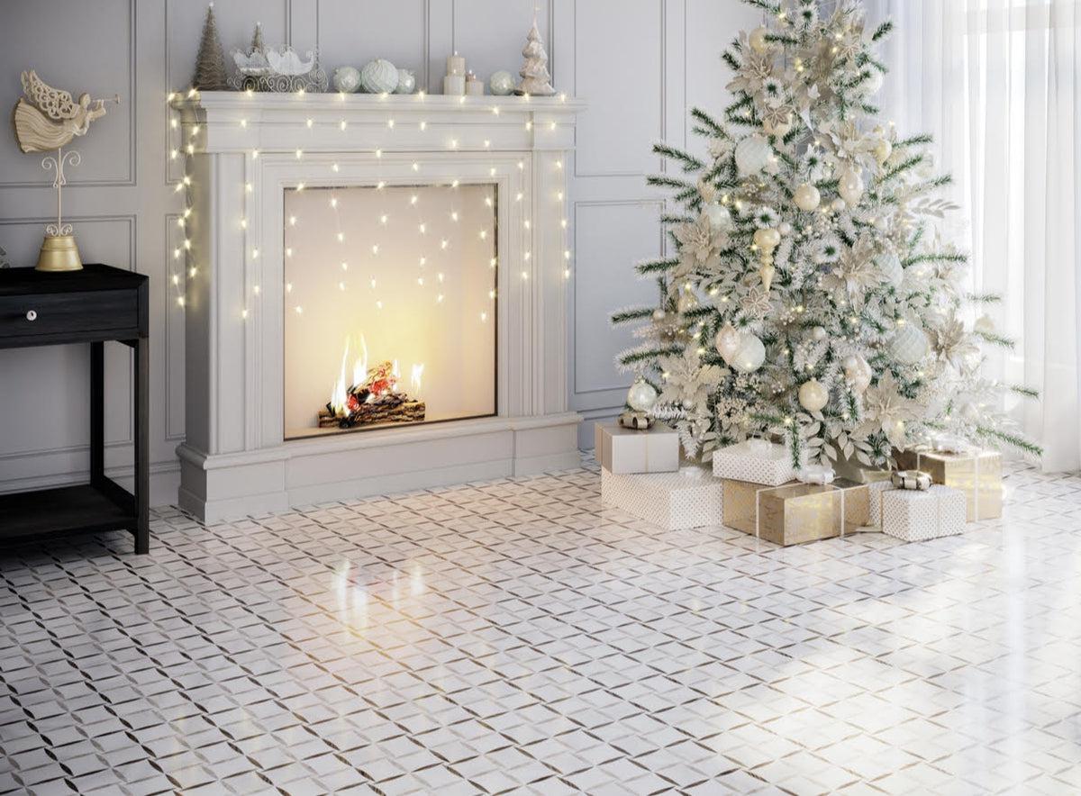 Daisy Paper White and Mosaic Tile Living Room Floor With Christmas Decor