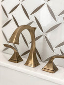 Daisy Paper White And Eastern Beige Mosaic Tile Bathroom Sink Backsplash with Champagne Bronze Fixtures