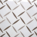 Daisy Paper White And Eastern Beige Mosaic Tile Bathroom Sink Backsplash with Champagne Bronze Fixtures