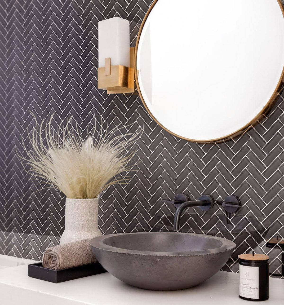 Dark Gray Herringbone Glass Tile bathroom with industrial finishes