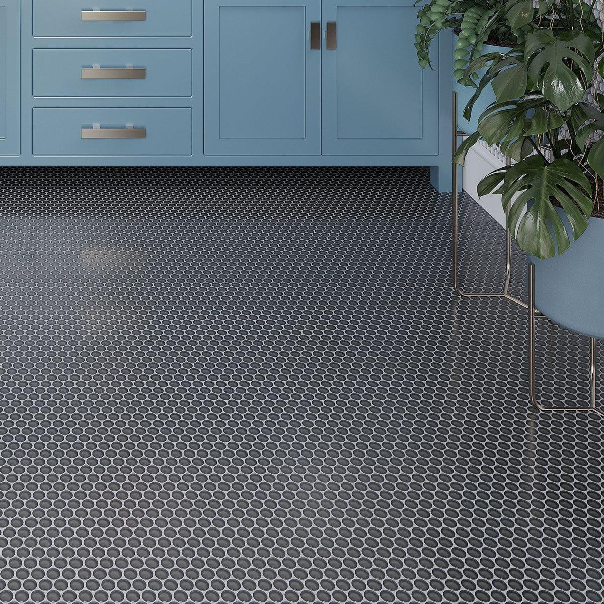 Dark grey penny round bathroom floor tile
