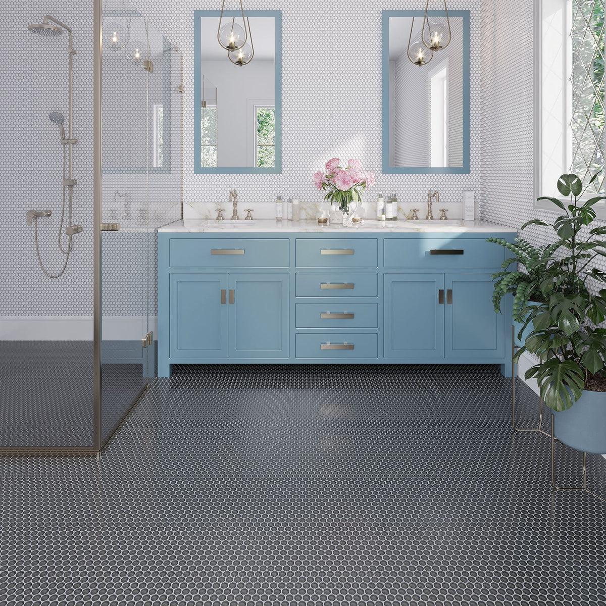 Gray penny round tile bathroom flooring