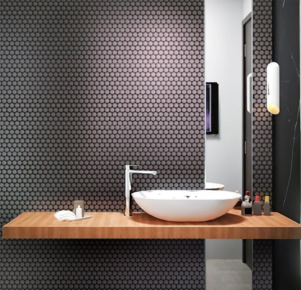 Dark Gray Penny Round Glass Tile bathroom backsplash