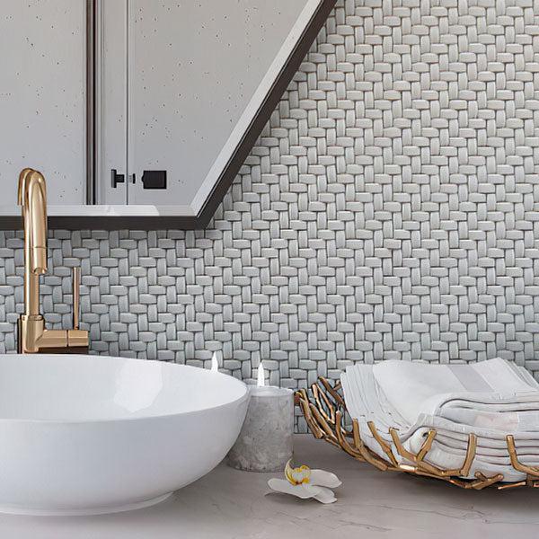 Dark Grey Recycled Glass Basket Weave Mosaic Tile Bathroom Wall Close-up