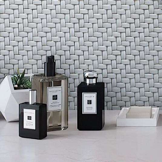 Toilet Table with Dark Grey Recycled Glass Basket Weave Mosaic Tile on Background