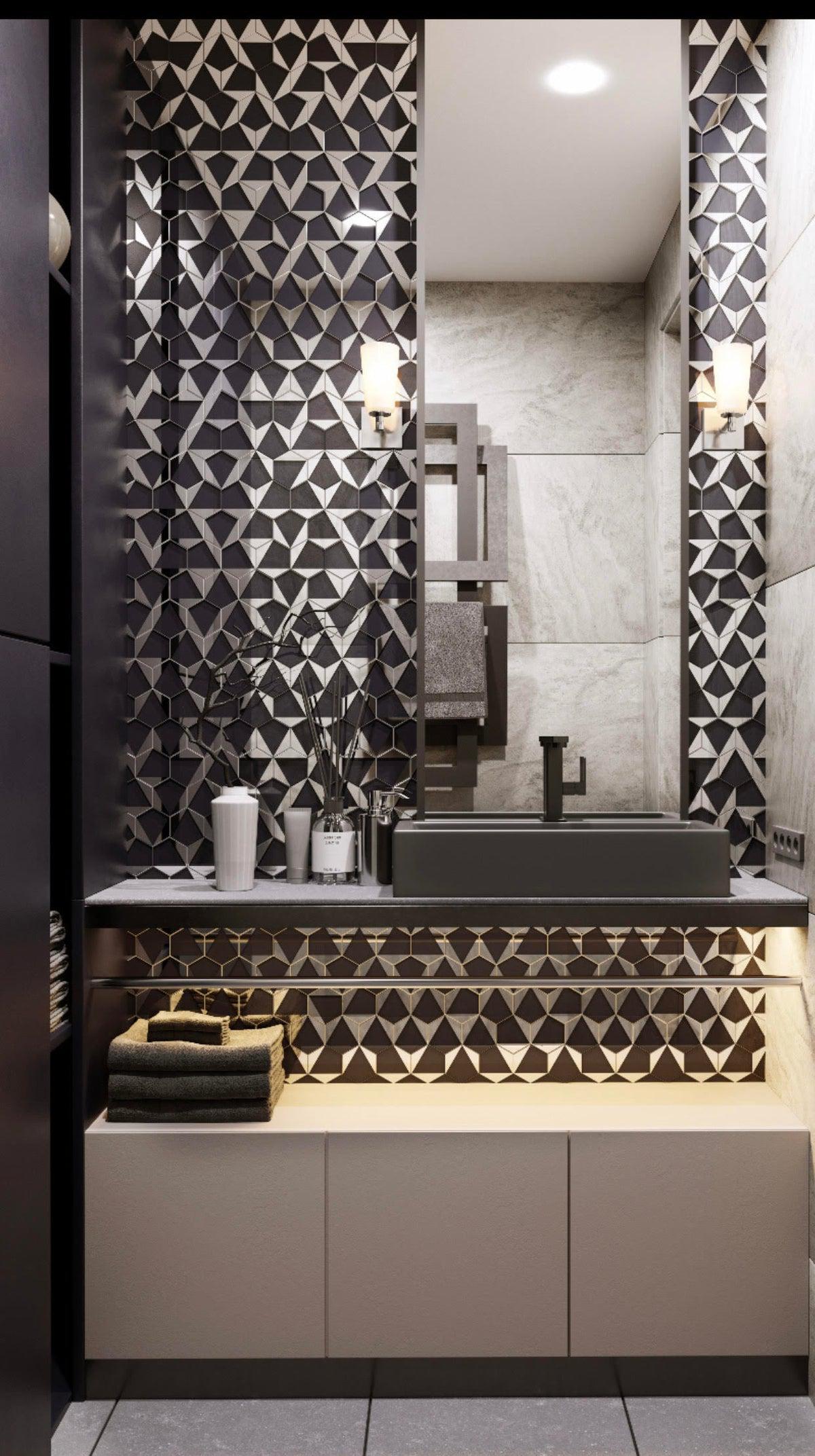 Modern Chrome and Charcoal Gray Deco Hex Glass Mosaic Bathroom Wall Tile