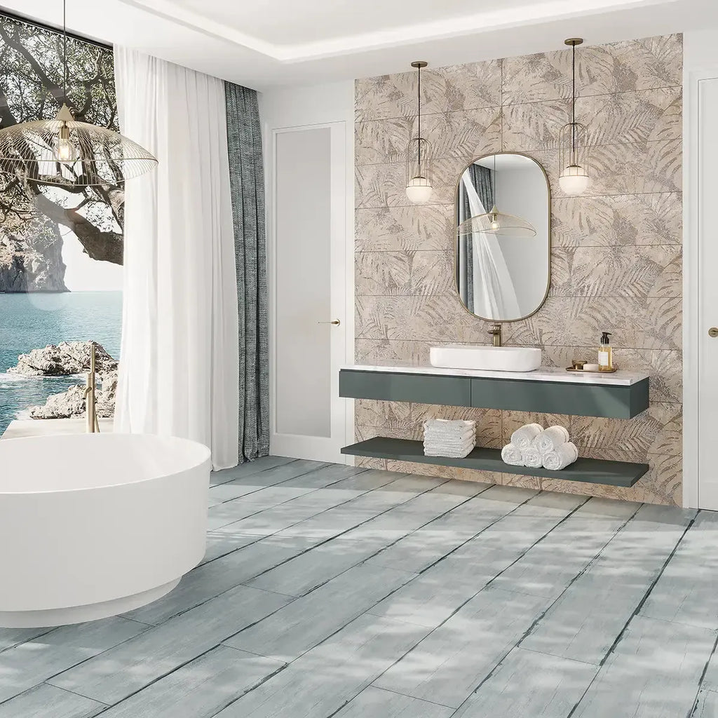 Coastal Luxury Bathroom with Patterned Porcelain wall tiles