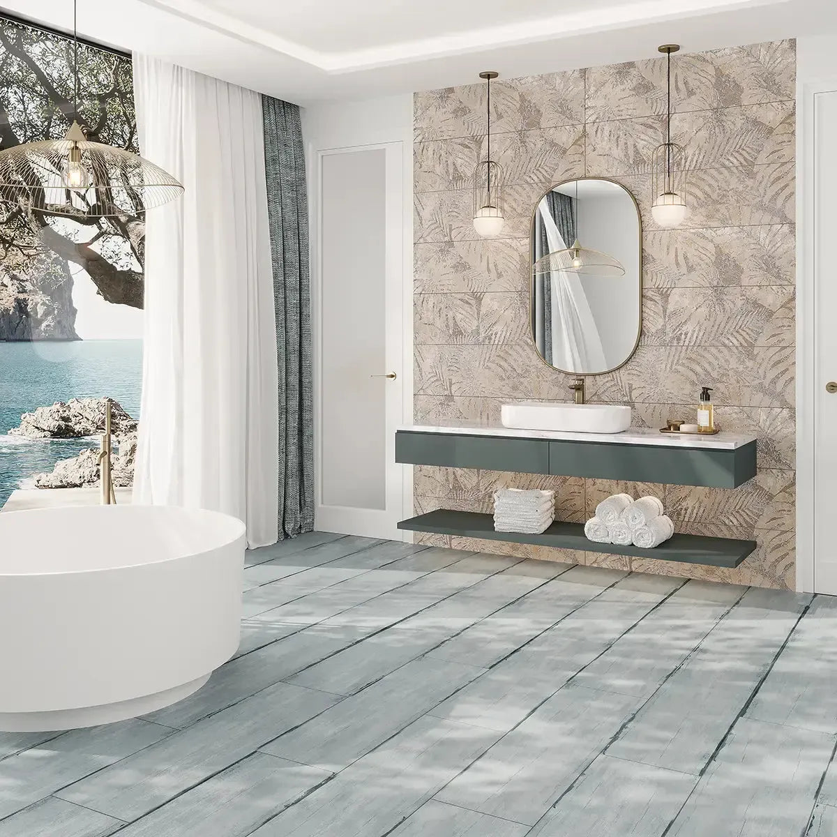 Coastal Luxury Bathroom with Patterned Porcelain wall tiles