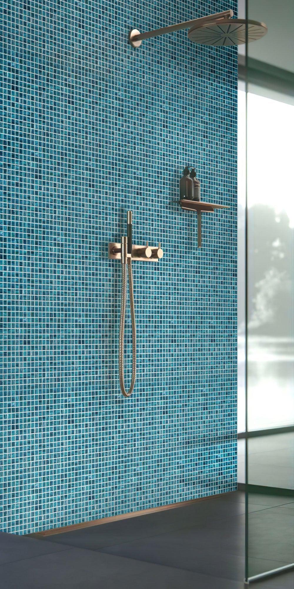 Deep Cerulean Blue Mixed Squares Glass Pool Tile shower backsplash