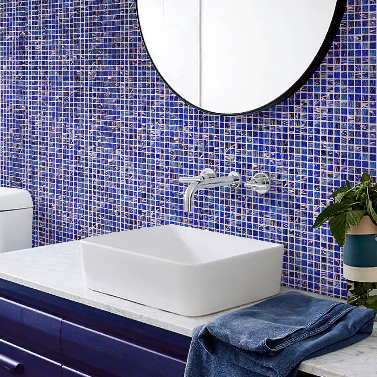 Denim Blue Mixed Squares Glass Tile adds a contemporary feel to bathroom