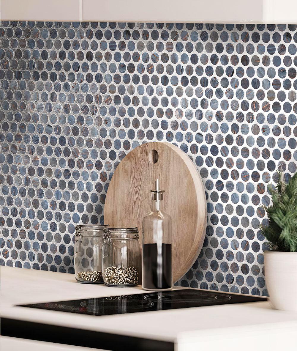 Denim Glass Round Penny Mosaic Tile kitchen backsplash