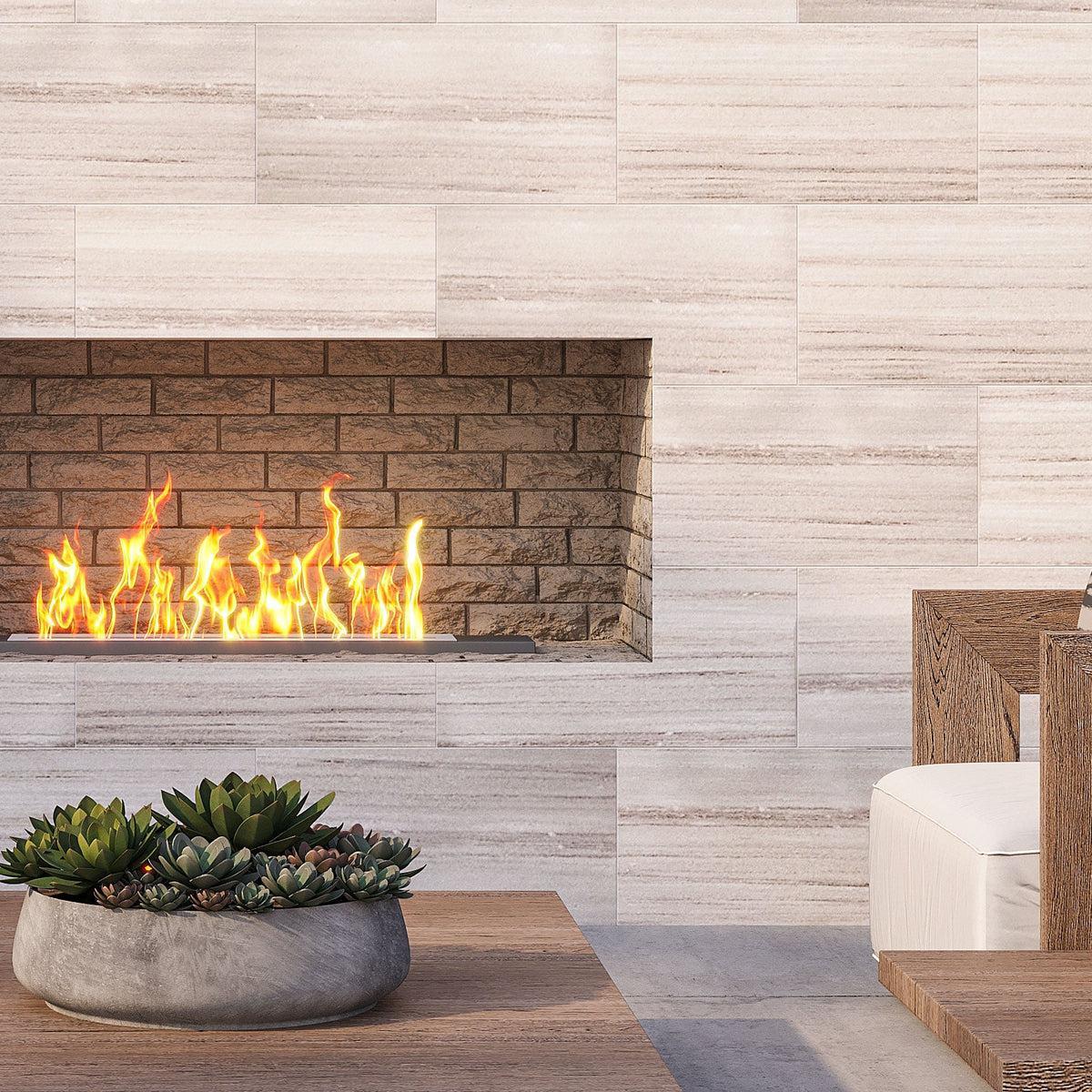 Beige marble tile outdoor fireplace surround