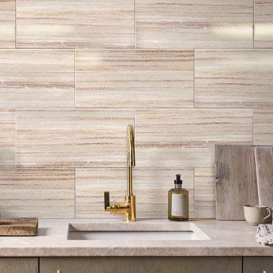 Striated marble oversized subway tiles