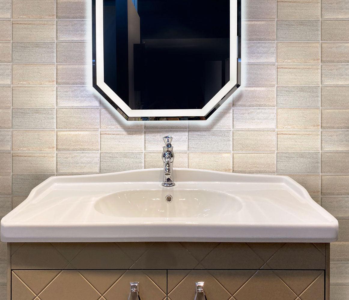 Desert sand marble subway tile bathroom wall