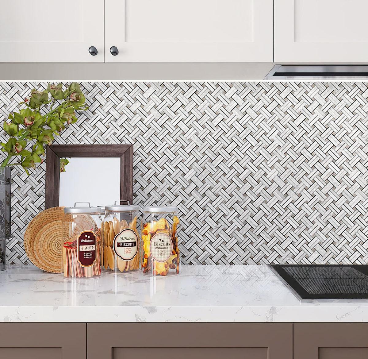 Diagonal Double Weave Carrara Marble Mosaic Tile kitchen backsplash