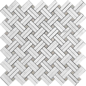 Diagonal Double Weave Carrara Marble Mosaic Tile Sample