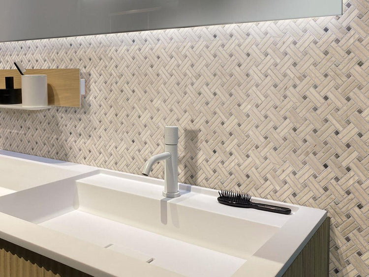 Diagonal Double Weave Crema Marfil Marble Mosaic Tile | Tile Club