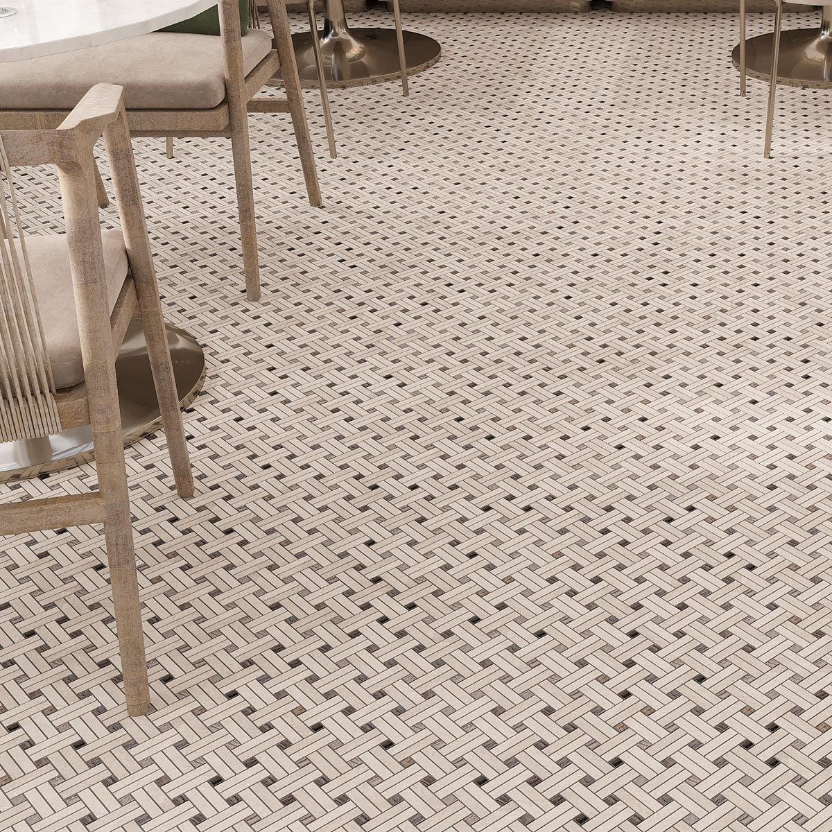 Diagonal Double Weave Crema Marfil Marble Mosaic Tile Commercial Floor
