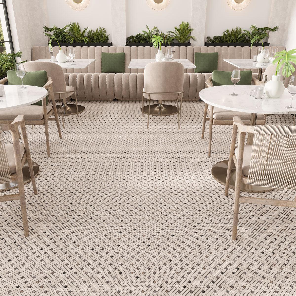 Restaurant floor with beige marble basket weave tiles for a commercial build