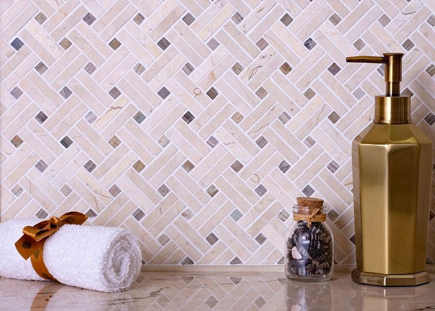 Diagonal Double Weave Crema Marble Mosaic Tile Wall