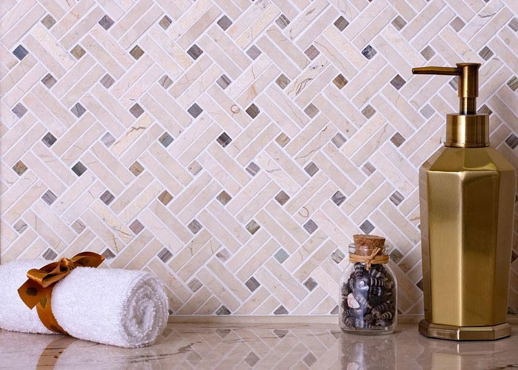 Diagonal Double Weave Crema Marble Mosaic Tile Wall