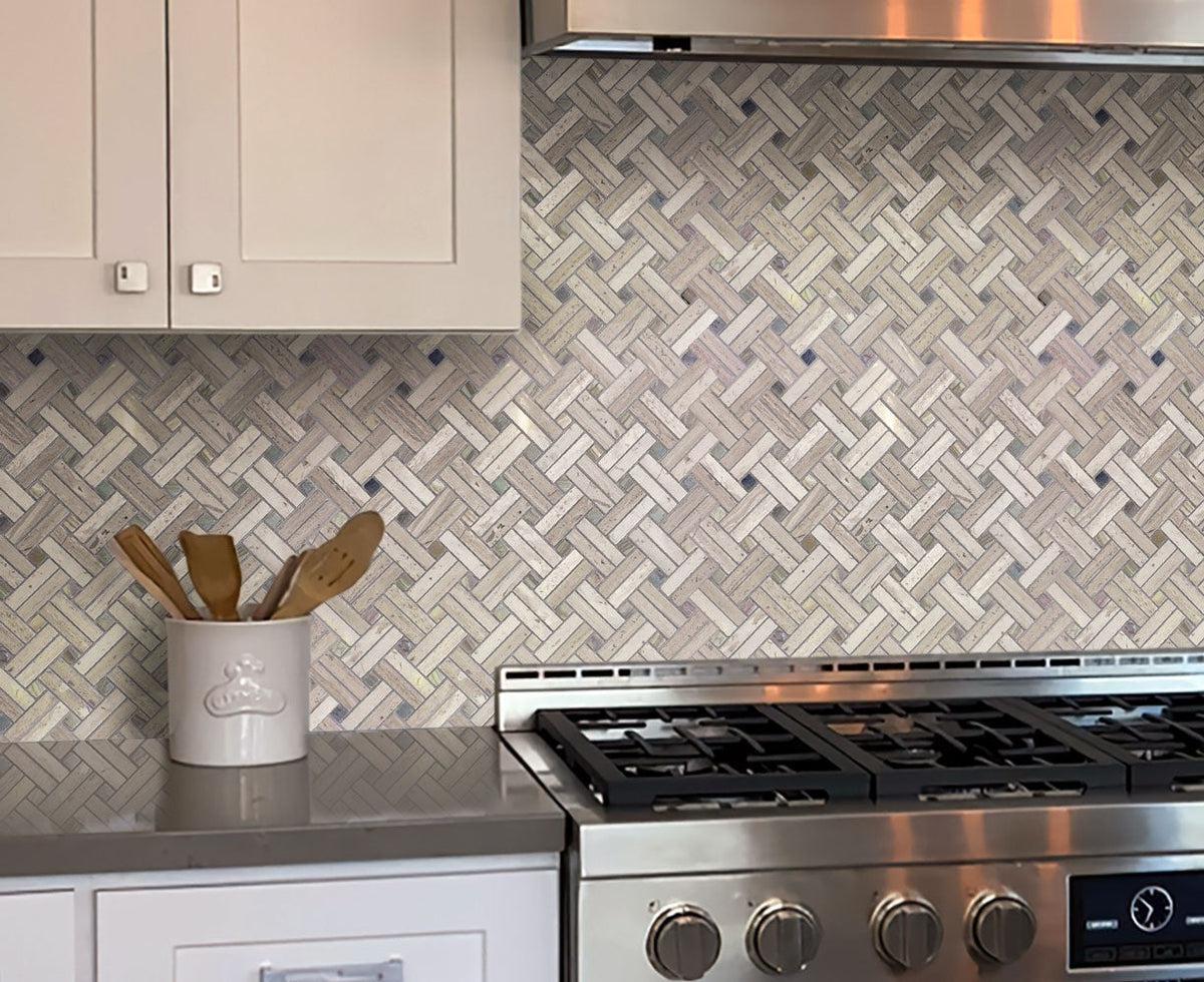Diagonal Double Weave Wooden Beige Marble Mosaic Tile | Tile Club
