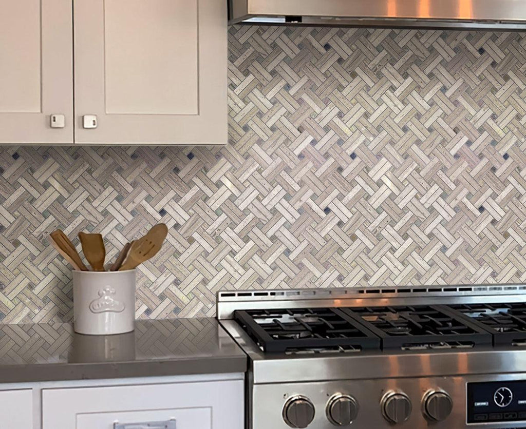 Diagonal Double Weave Wooden Beige Marble Mosaic Tile | Tile Club