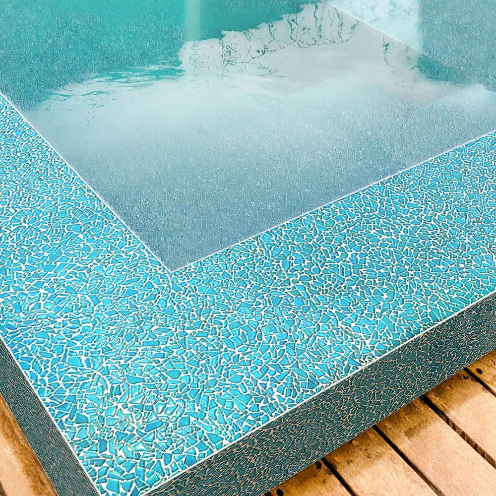 Pool Side Covered with Diamond Blue Glass Pebble Mosaic Tiles