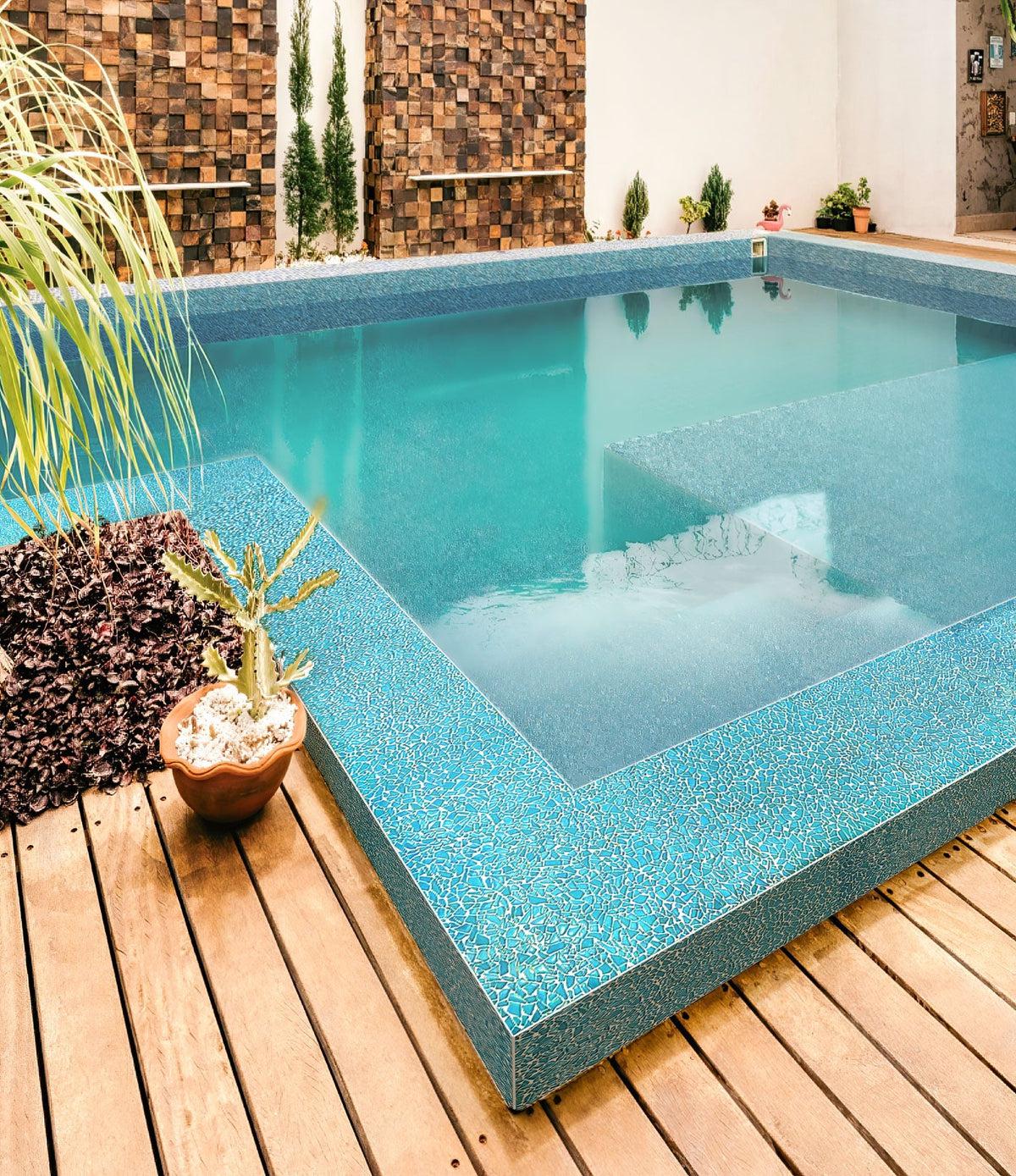Openair Pool Tiled with Diamond Blue Glass Pebble Mosaic Tile