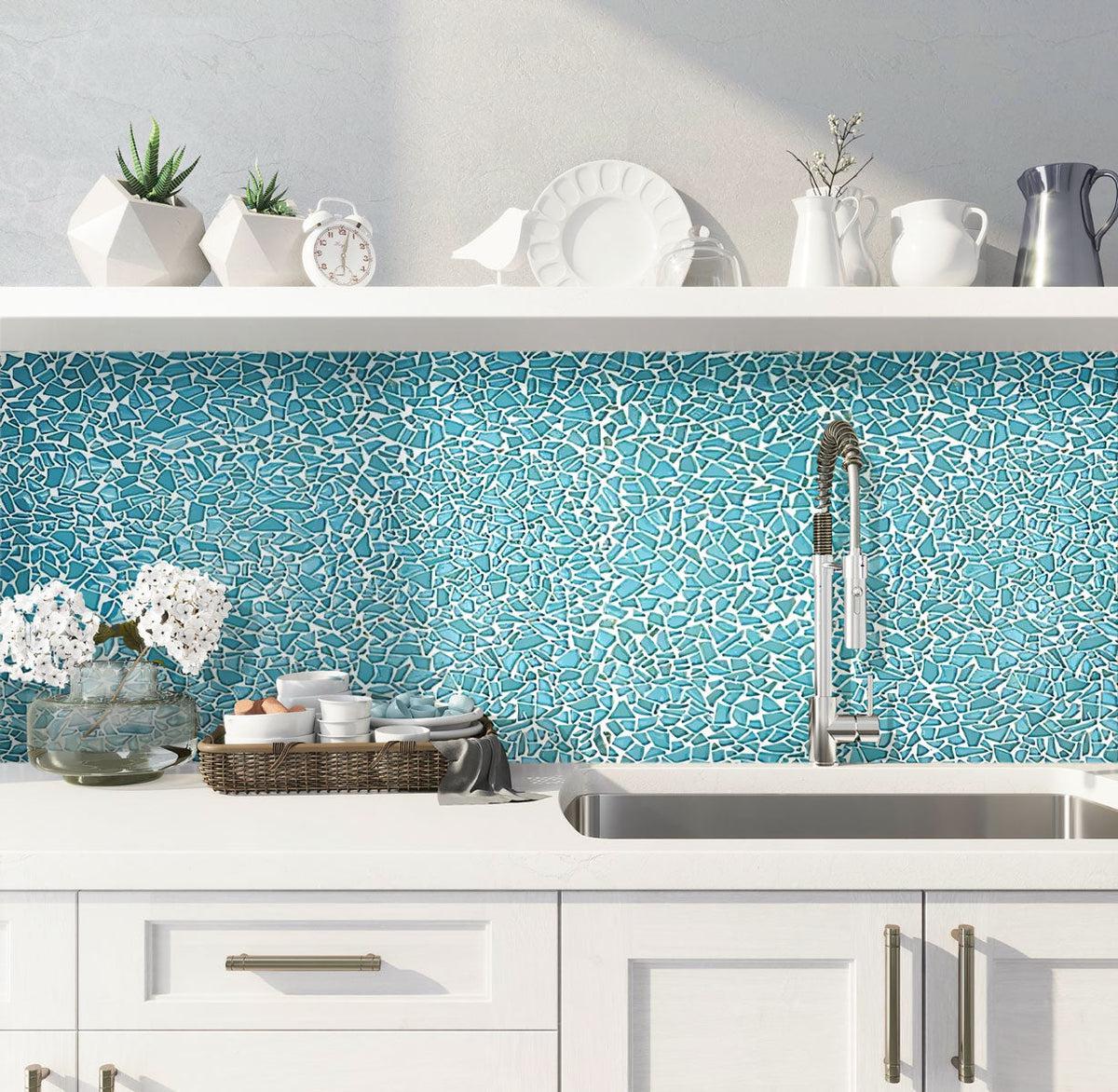 Diamond Blue Glass Pebble Mosaic Tile kitchen backsplash